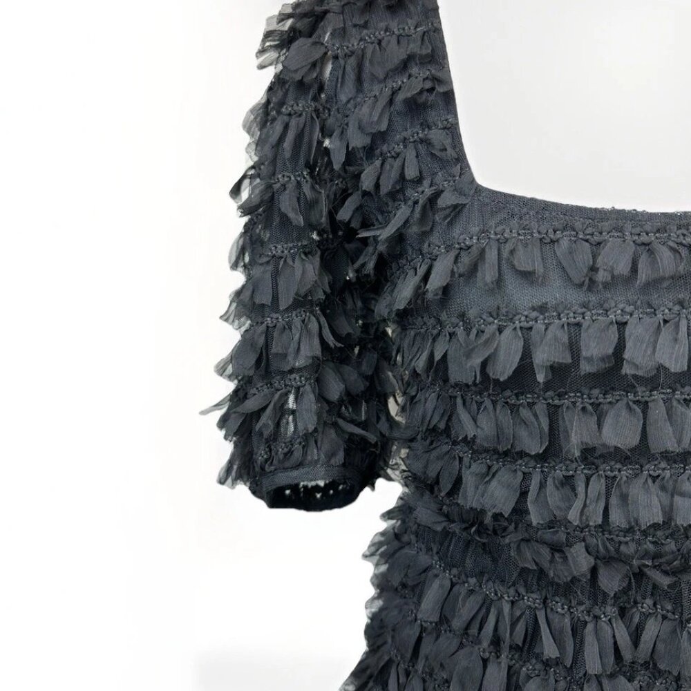✨ NWT Zara Black Tulle Fringe Mini Dress Small Puff Sleeve Ruffle 🖤 - Picture 8 of 16